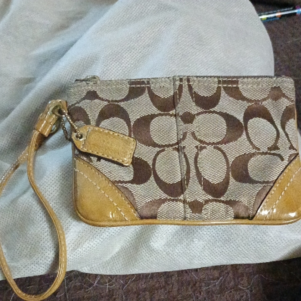 Coach Brown and Tan Monogram Wristlet